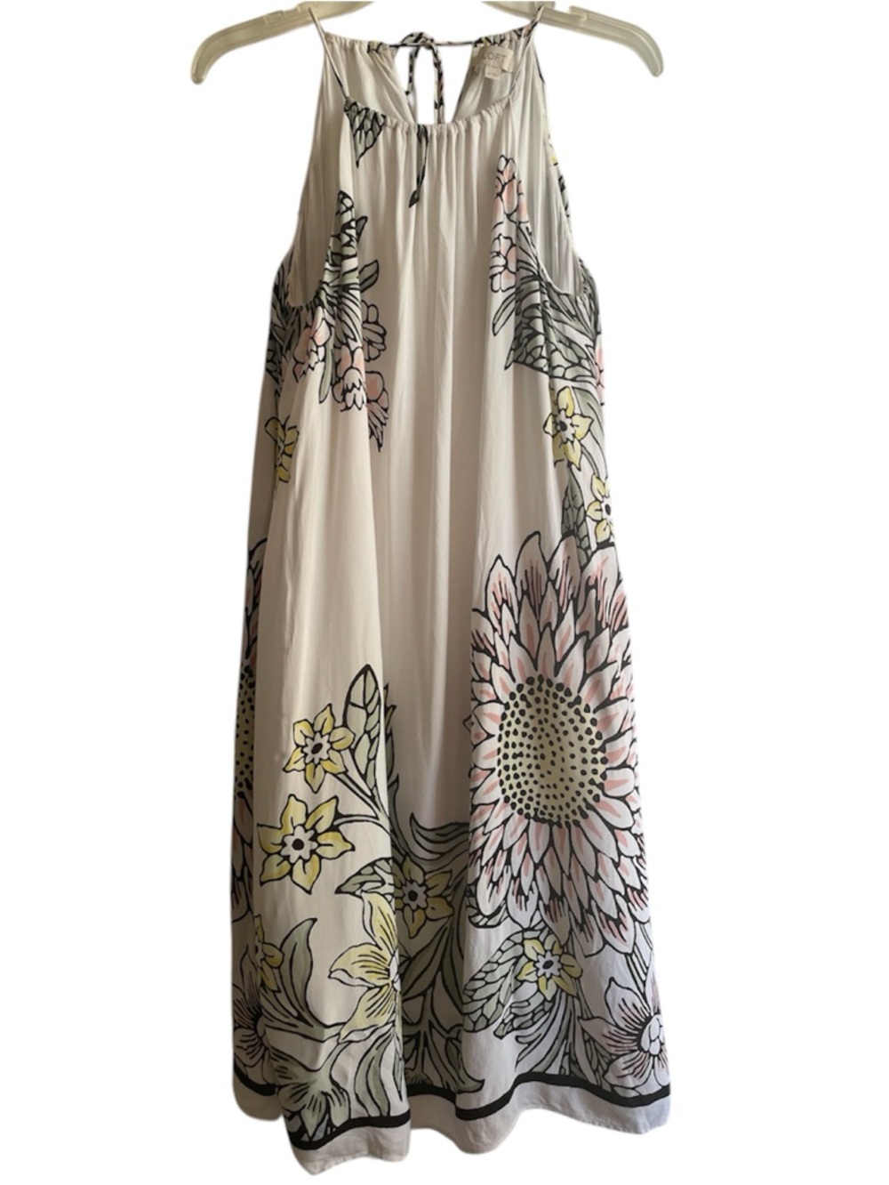 LOFT Floral Halter Midi Dress XS Cream Flowy Lined Boho Garden Resort Pockets